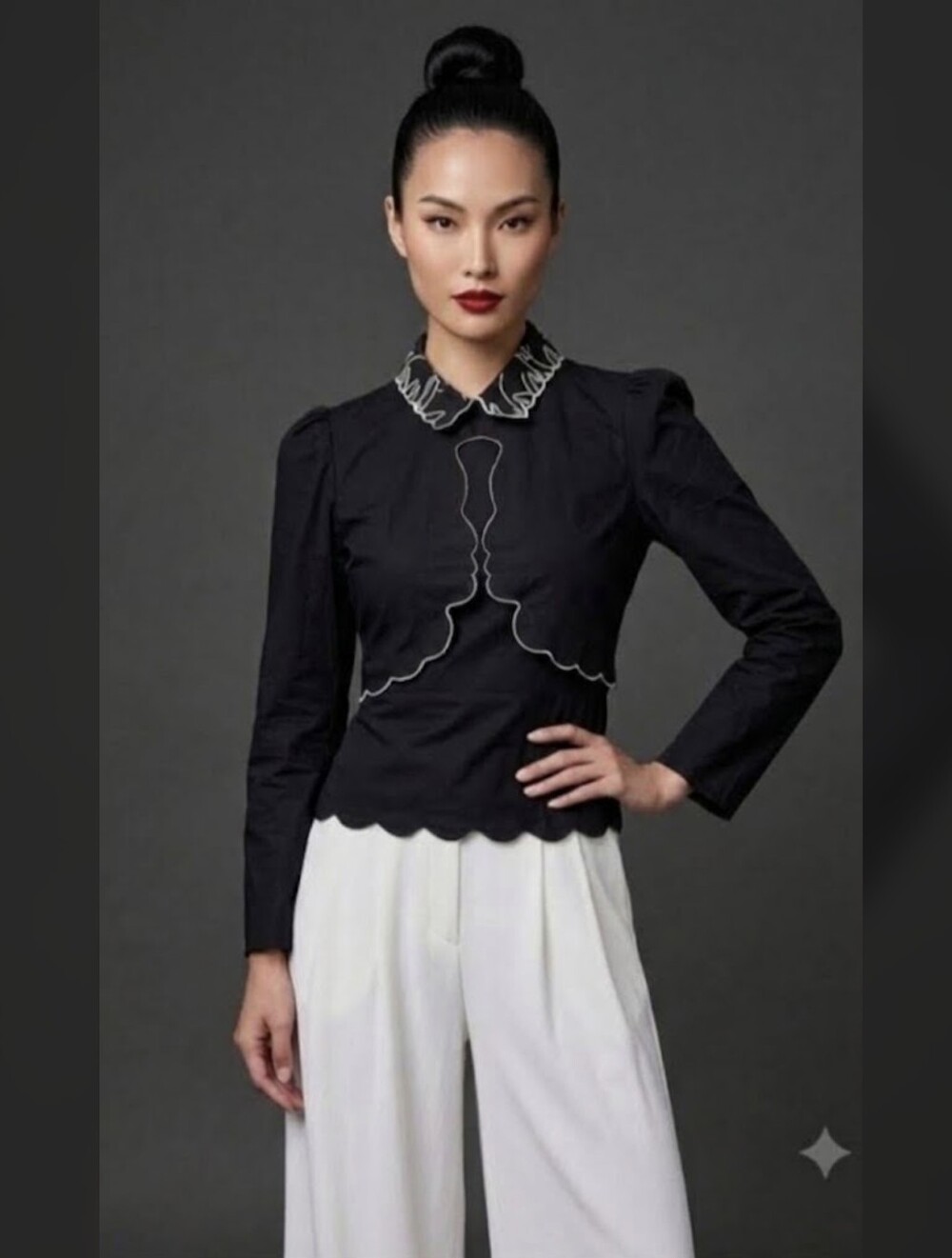 Black Scalloped Edge VIVETTA BLOUSE  with Embroidered Collar SIZE SMALL